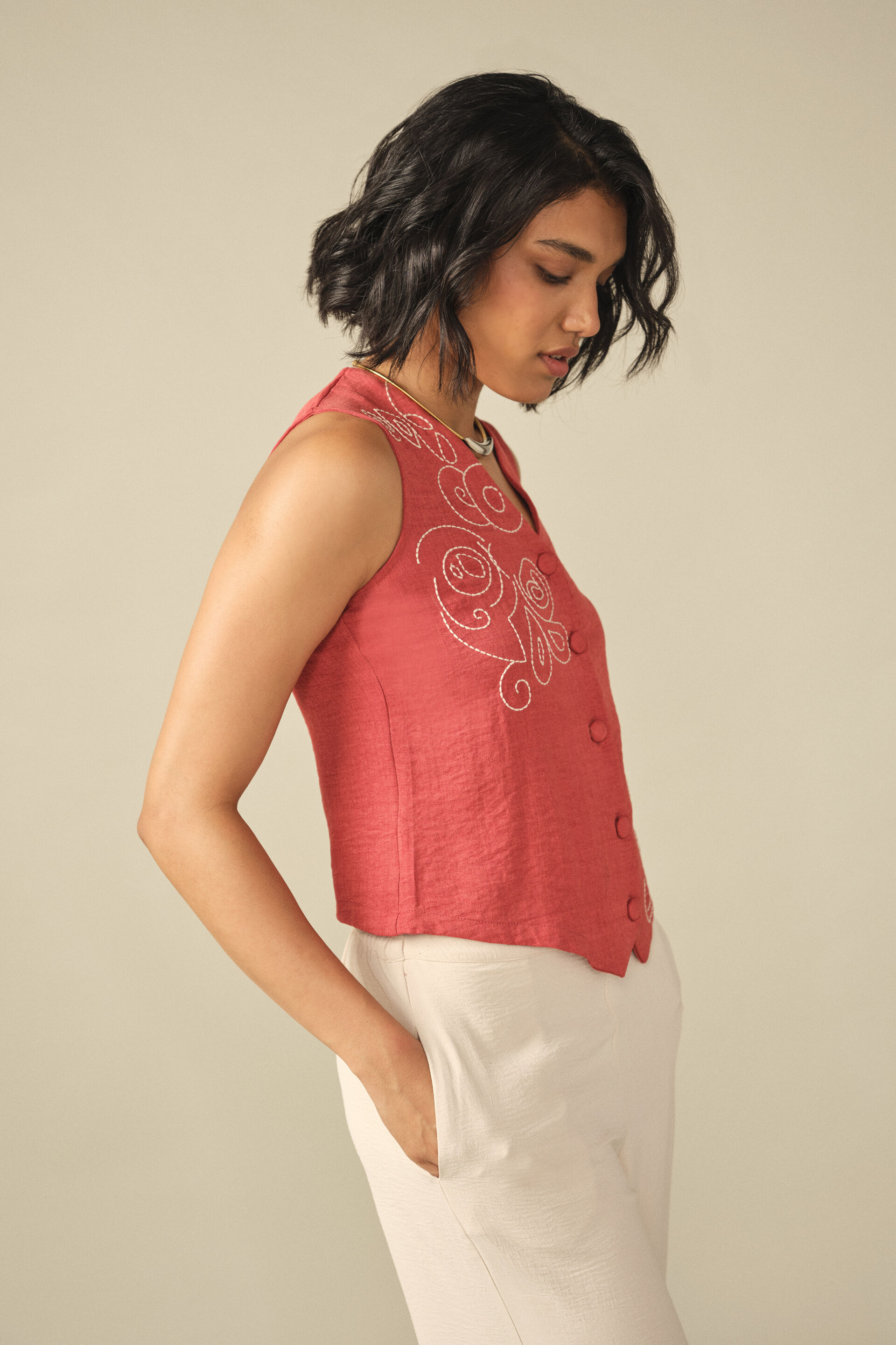 Floral Embroidered Waistcoat in Rust, Rust, image 5